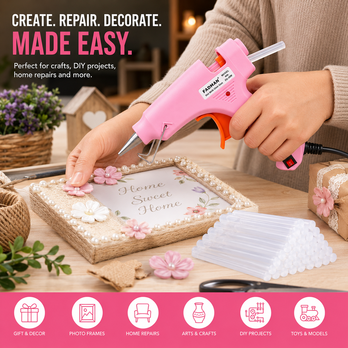 20W Hot Melt Glue Gun with 50 Pcs 7MM Glue Sticks | Mini Electric Adhesive Gun for DIY Crafts, Art, Repair & Home Projects (Pink)