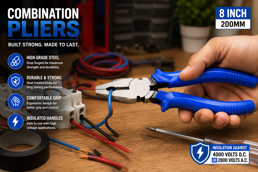 Heavy Duty Combination Pliers with Non-Slip Grip Handle, Steel Jaw for Cutting, Gripping & Wire Stripping – Multipurpose Hand Tool for Home, Workshop & Electrical Work