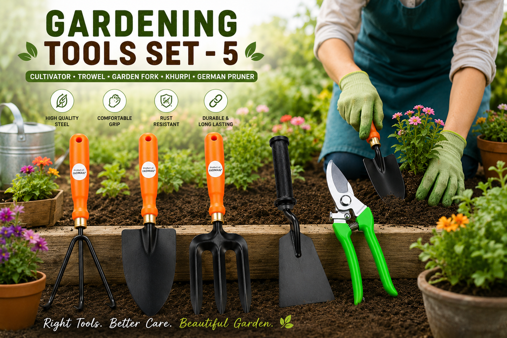 Garden Tools Set of 5 | Garden Fork, Khurpa, Hand Trowel, Pruning Cutter & Cultivator | Heavy Duty Gardening Tools for Home, Lawn, Plants & Outdoor Use