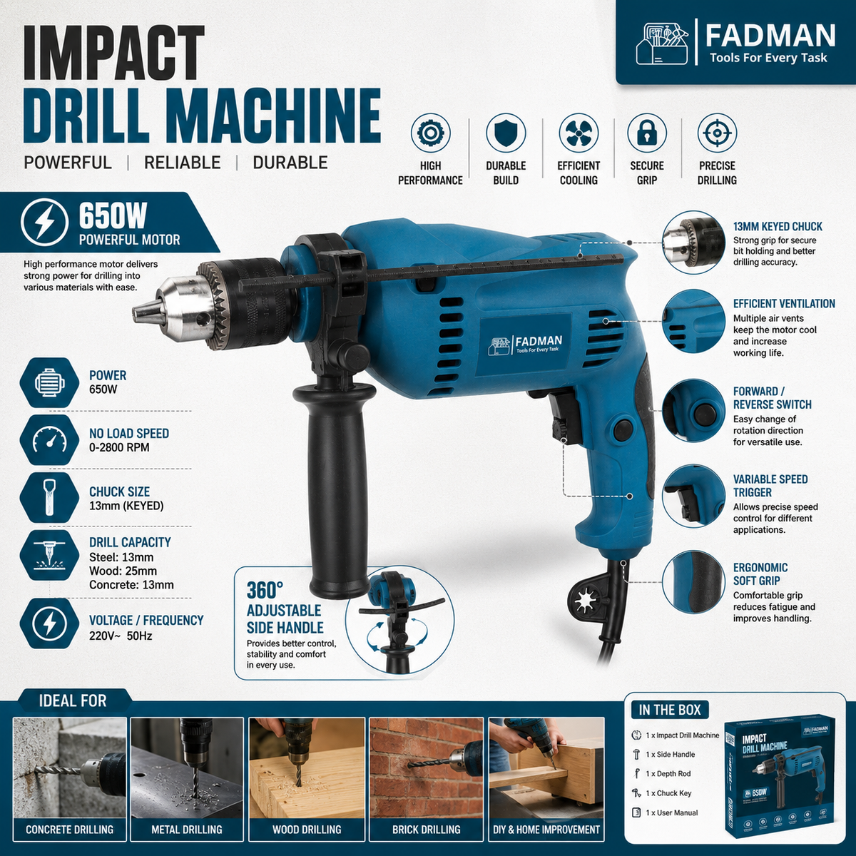 650W 13mm Electric Impact Drill Machine with Variable Speed, Forward & Reverse Function, Auxiliary Handle & Depth Gauge | 2800 RPM Heavy Duty Power Drill for Wood, Metal, Concrete & Home DIY