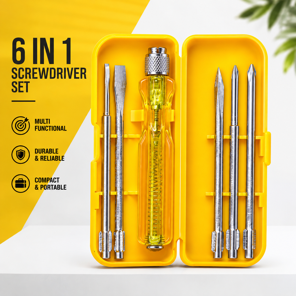5-in-1 Screwdriver Set, 5 Interchangeable Bits, Phillips & Slotted Heads, Ergonomic Anti-Slip Handle, Portable Storage Case for Home, Electrical & Repair Work (Yellow)