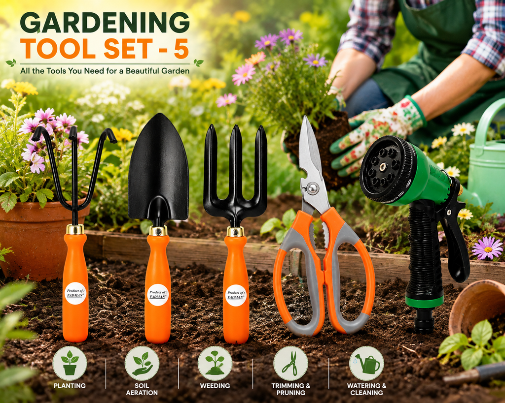 Garden Tools Set of 5 | Hand Trowel, Garden Fork, Cultivator, Pruning Scissors & Sprayer | Heavy Duty Gardening Tools Kit for Home, Lawn, Plants & Outdoor Use