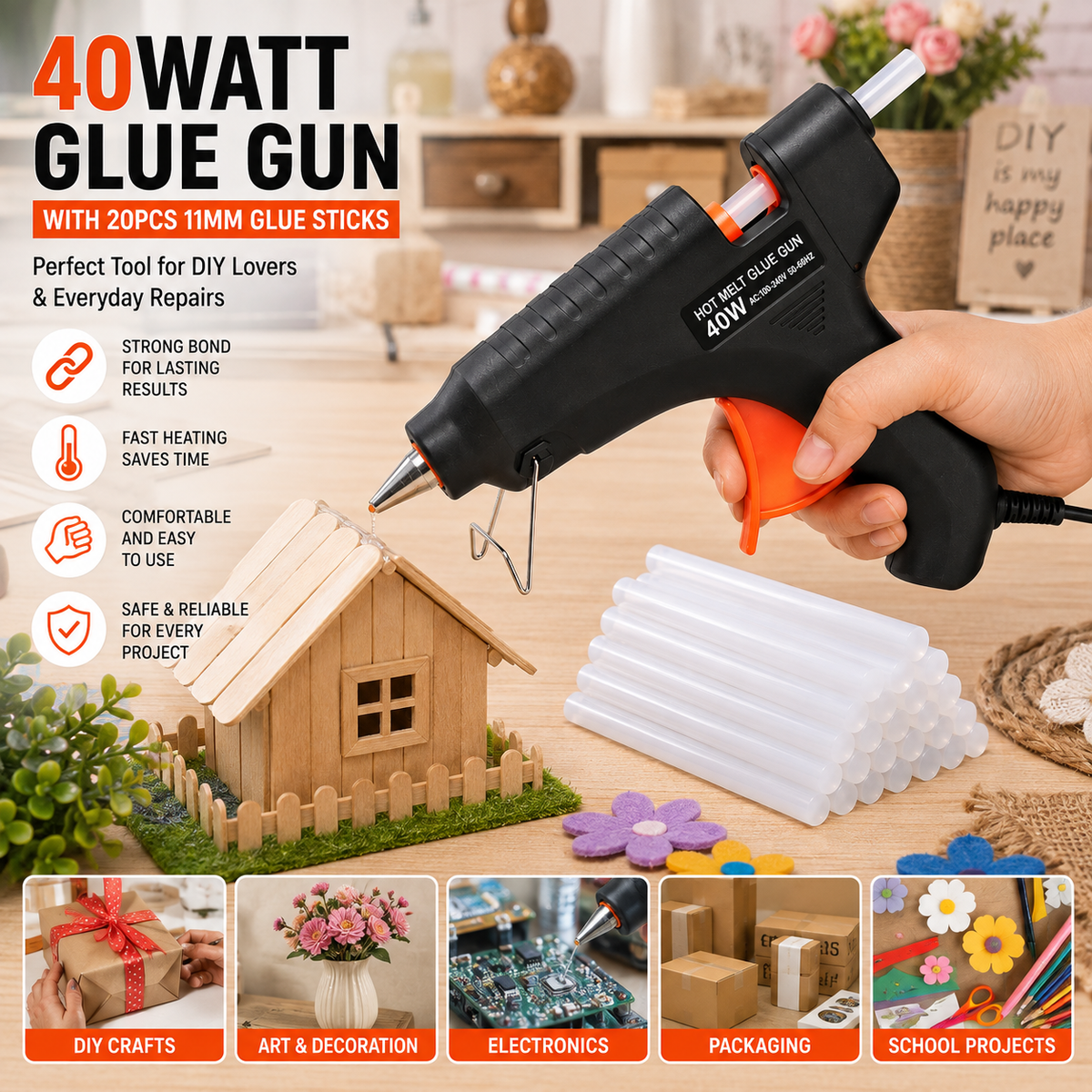 40W Hot Melt Glue Gun with 20 Pcs 11mm Glue Sticks | High Temperature Electric Adhesive Gun for Craft, DIY, Repair & Decoration
