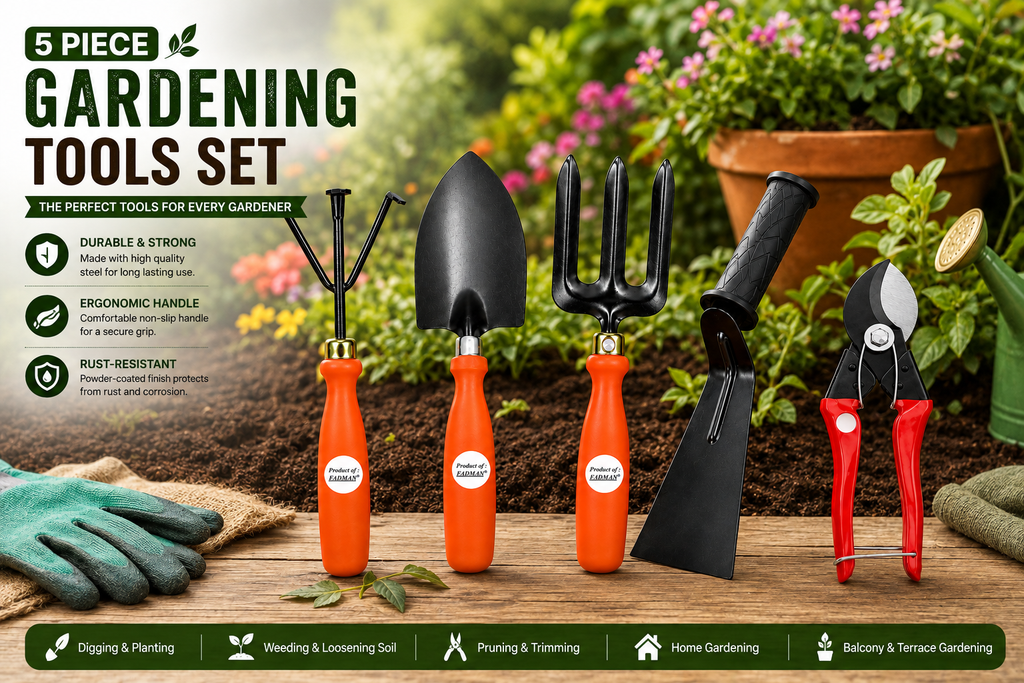 Garden Tools Set of 5 | Hand Trowel, Garden Fork, Cultivator, Pruning Cutter & Khurpa | Heavy Duty Gardening Tools for Home, Lawn & Plants