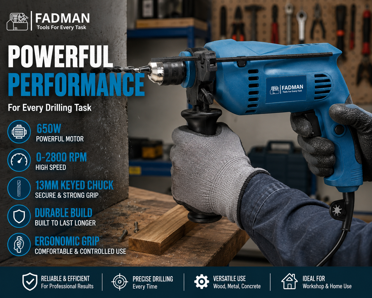 650W 13mm Electric Impact Drill Machine with Variable Speed, Forward & Reverse Function, Auxiliary Handle & Depth Gauge | 2800 RPM Heavy Duty Power Drill for Wood, Metal, Concrete & Home DIY