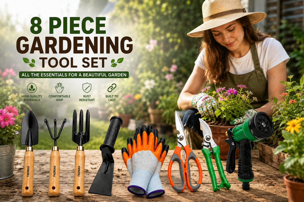 Garden Tools Set of 8 | Khurpa, Gardening Gloves, Pruning Scissors, Garden Pruner, Water Spray Nozzle & Hand Trowel Cultivator Fork Set | Gardening Tools Kit for Home, Plants, Lawn & Outdoor Use