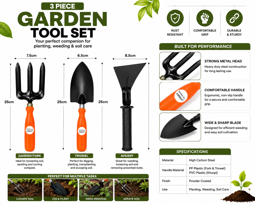 Garden Tool Set of 3 | Big Trowel, 3-Prong Garden Fork & Khurpa | Heavy-Duty Hand Tools for Gardening, Weeding, Digging & Soil Cultivation