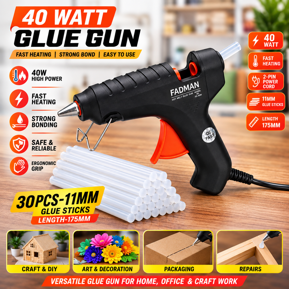 40W Hot Melt Glue Gun with 30 Pcs 11mm Glue Sticks | High Temperature Electric Adhesive Gun for Craft, DIY, Repair & Decoration