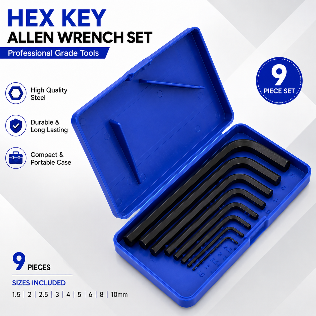 5-in-1 Hand Tool Kit with Adjustable Wrench, 5M Measuring Tape, Combination Pliers, Blue Allen Key Set & 6-in-1 Hexagon Screwdriver Set for Home, Workshop & Repair
