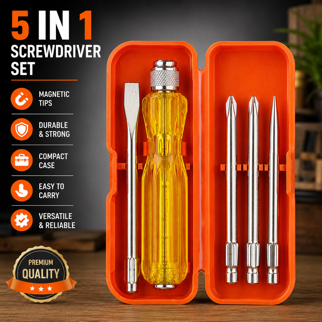 5-in-1 Screwdriver Set, 5 Interchangeable Bits, Phillips & Slotted Heads, Ergonomic Anti-Slip Handle, Portable Storage Case for Home, Electrical & Repair Work (Red)