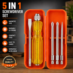 5-in-1 Screwdriver Set, 5 Interchangeable Bits, Phillips & Slotted Heads, Ergonomic Anti-Slip Handle, Portable Storage Case for Home, Electrical & Repair Work (Red)