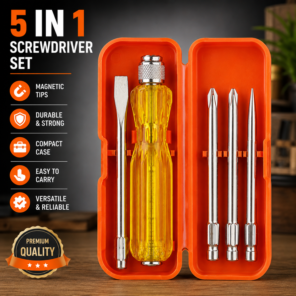 5-in-1 Screwdriver Set, 5 Interchangeable Bits, Phillips & Slotted Heads, Ergonomic Anti-Slip Handle, Portable Storage Case for Home, Electrical & Repair Work (Red)