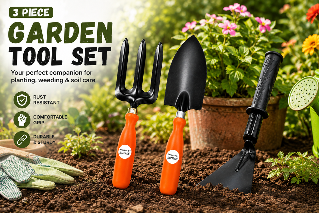 Garden Tool Set of 3 | Big Trowel, 3-Prong Garden Fork & Khurpa | Heavy-Duty Hand Tools for Gardening, Weeding, Digging & Soil Cultivation