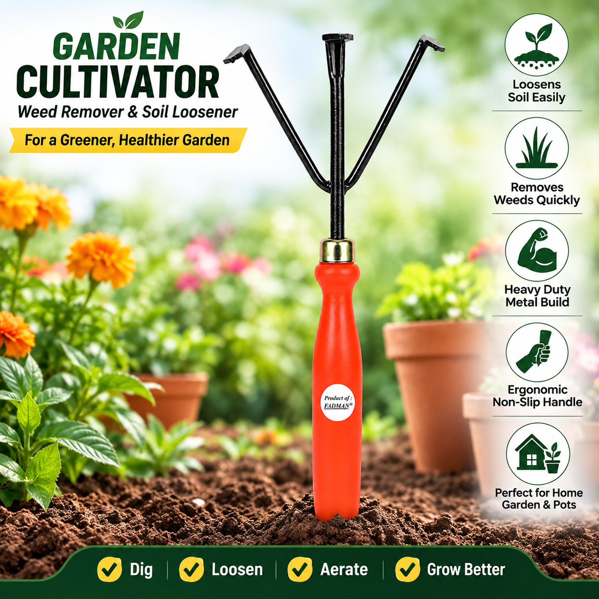 Garden Tools Set of 8 | Big Trowel, Small Trowel, Garden Fork, Hand Weeder, Cultivator, Pruning Cutter, Garden Gloves & Khurpa | Heavy Duty Gardening Tool Kit for Home, Lawn, Plants & Outdoor Use