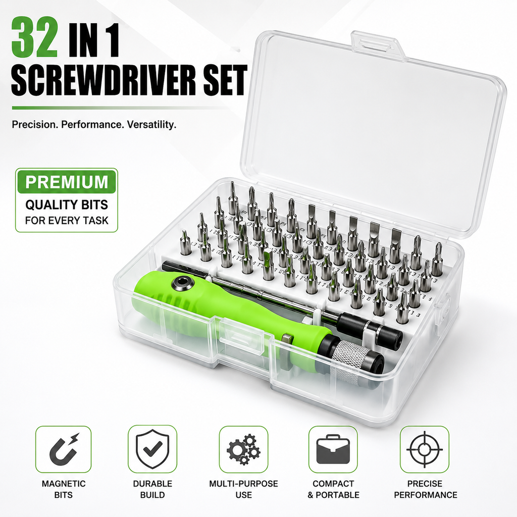 4-in-1 Multi-Functional Hand Tool Kit with Plier, Tester, 2-in-1 Screwdriver & 32-in-1 Mini Magnetic Precision Screwdriver Set for Home, Repair & DIY