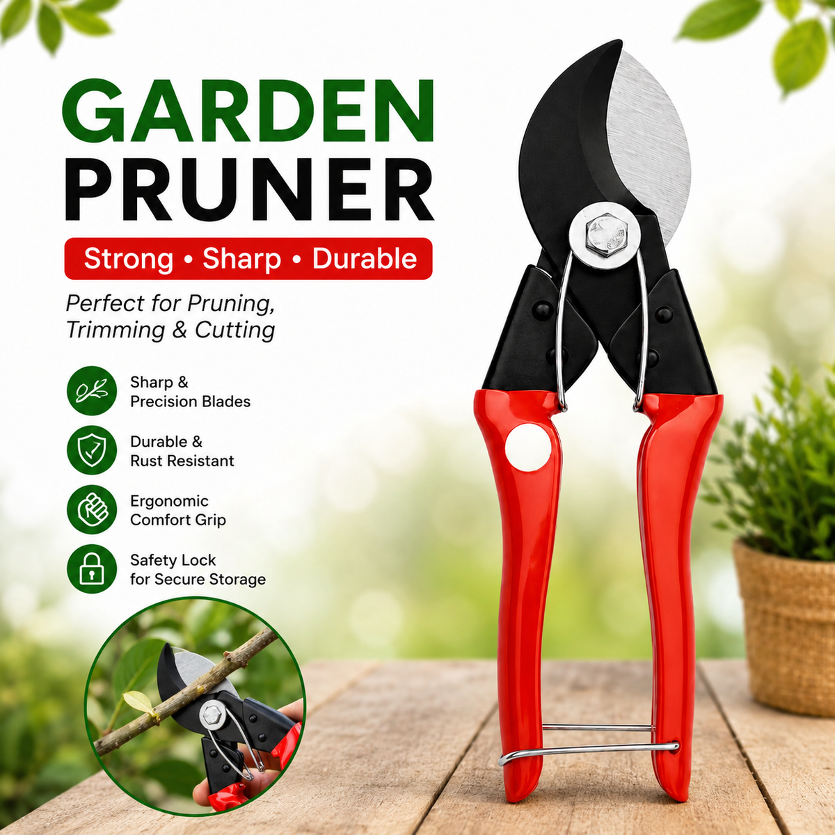 Garden Tools Set of 3 – Big Trowel, 3-Prong Garden Fork & Double Cut Pruner for Gardening, Planting, Soil Digging & Pruning