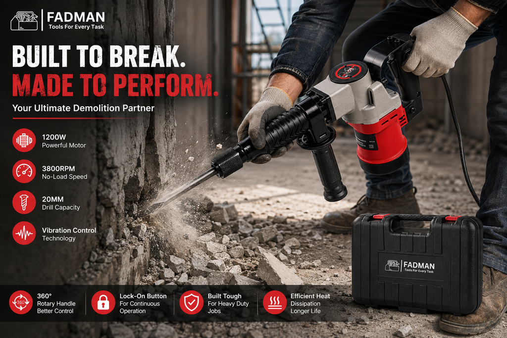 1200W Heavy Duty Rotary Hammer Drill Machine, 20mm Concrete Drill Capacity, 3800 RPM, 2900 BPM, Vibration Control, Ergonomic Grip & Auxiliary Handle for Concrete, Masonry & Construction Work