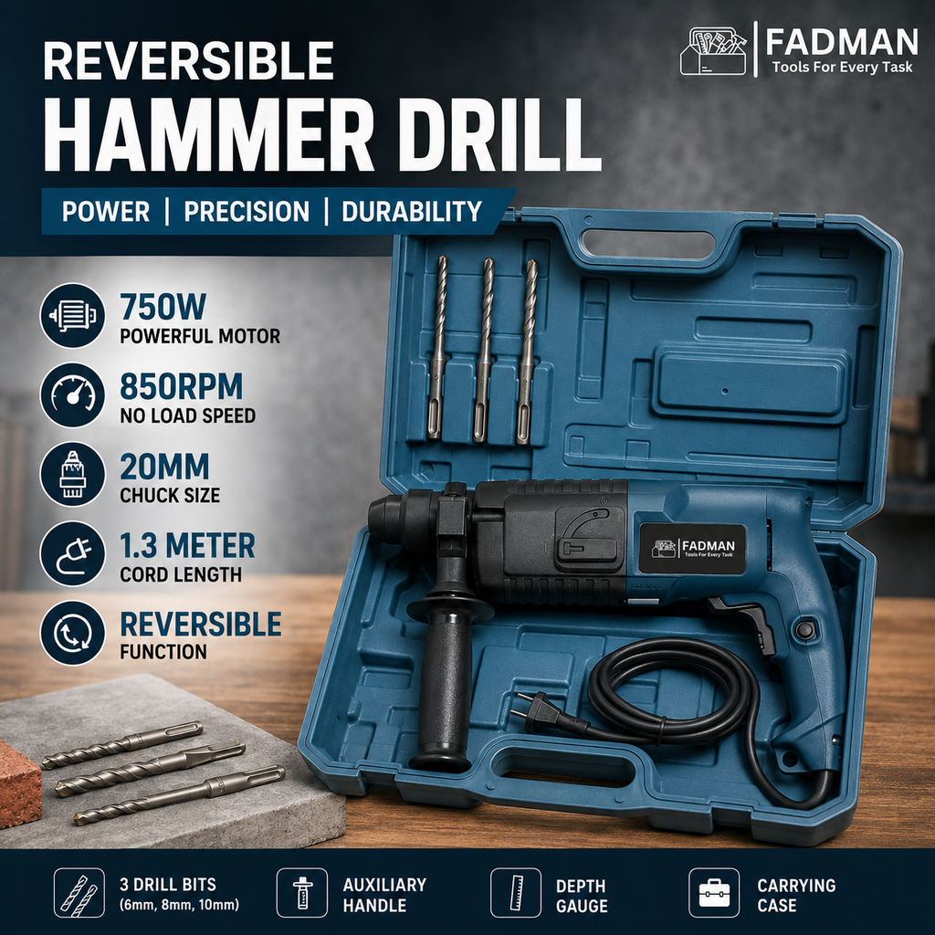 750W 20mm Rotary Hammer Drill Machine with 3 SDS Plus Drill Bits, Auxiliary Handle, Depth Gauge & Carrying Case | 850 RPM Heavy Duty Reversible Power Drill for Concrete, Wall & Masonry
