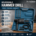 750W 20mm Rotary Hammer Drill Machine with 3 SDS Plus Drill Bits, Auxiliary Handle, Depth Gauge & Carrying Case | 850 RPM Heavy Duty Reversible Power Drill for Concrete, Wall & Masonry