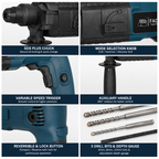 750W 20mm Rotary Hammer Drill Machine with 3 SDS Plus Drill Bits, Auxiliary Handle, Depth Gauge & Carrying Case | 850 RPM Heavy Duty Reversible Power Drill for Concrete, Wall & Masonry
