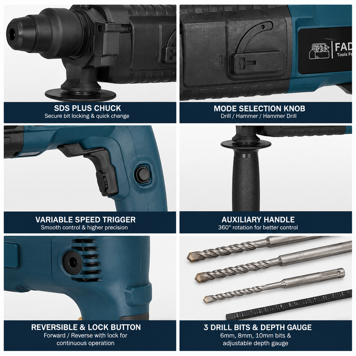750W 20mm Rotary Hammer Drill Machine with 3 SDS Plus Drill Bits, Auxiliary Handle, Depth Gauge & Carrying Case | 850 RPM Heavy Duty Reversible Power Drill for Concrete, Wall & Masonry