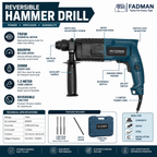 750W 20mm Rotary Hammer Drill Machine with 3 SDS Plus Drill Bits, Auxiliary Handle, Depth Gauge & Carrying Case | 850 RPM Heavy Duty Reversible Power Drill for Concrete, Wall & Masonry