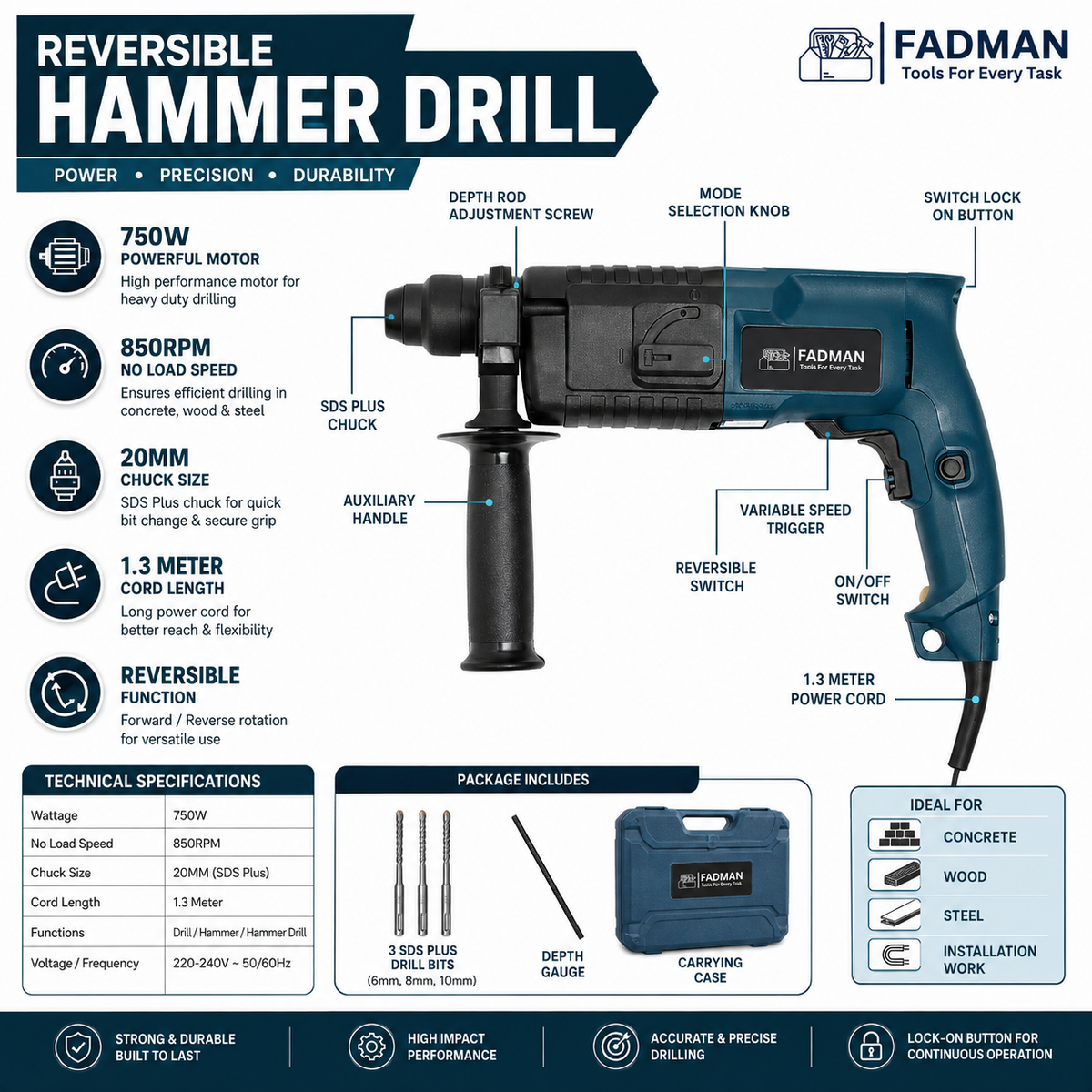 750W 20mm Rotary Hammer Drill Machine with 3 SDS Plus Drill Bits, Auxiliary Handle, Depth Gauge & Carrying Case | 850 RPM Heavy Duty Reversible Power Drill for Concrete, Wall & Masonry