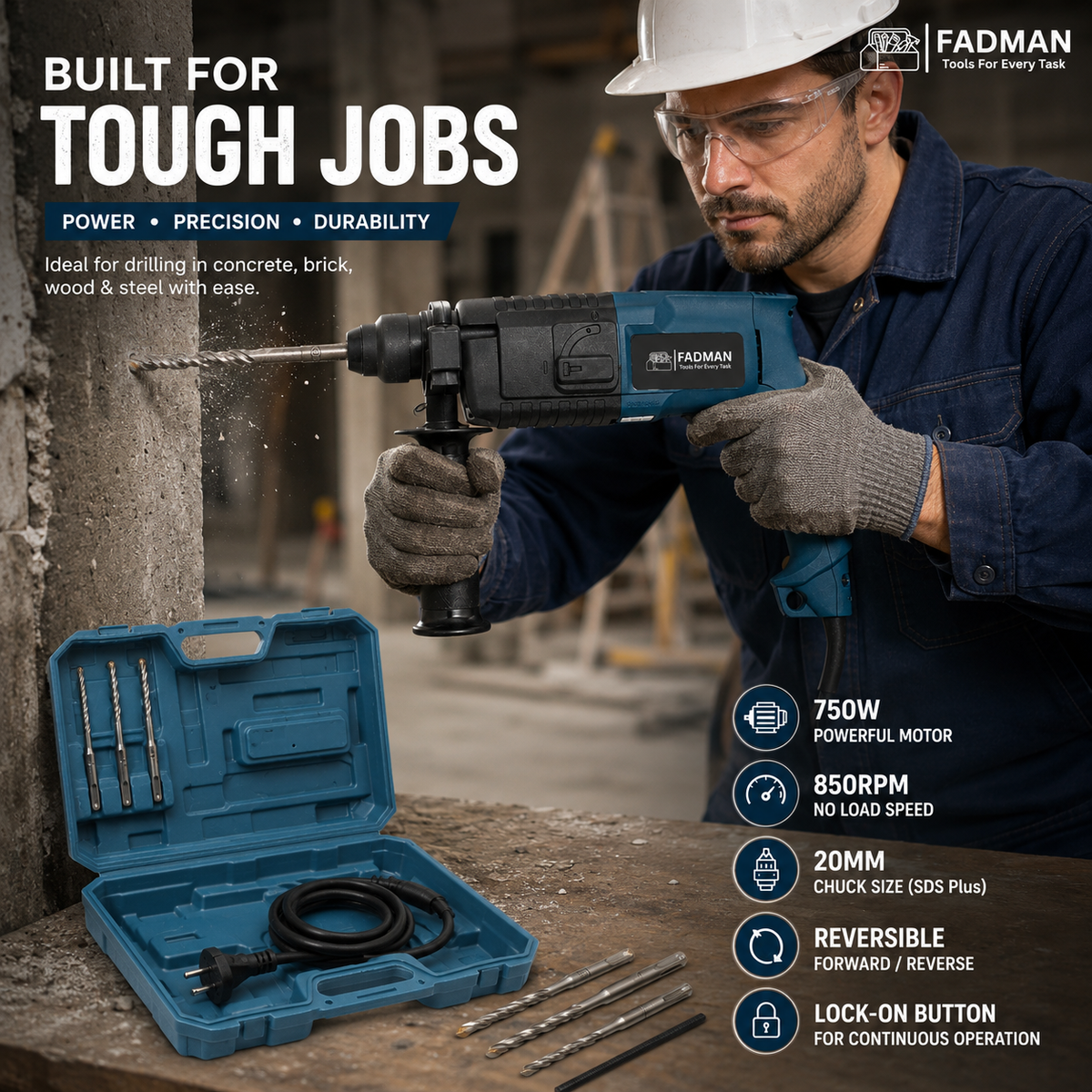 750W 20mm Rotary Hammer Drill Machine with 3 SDS Plus Drill Bits, Auxiliary Handle, Depth Gauge & Carrying Case | 850 RPM Heavy Duty Reversible Power Drill for Concrete, Wall & Masonry