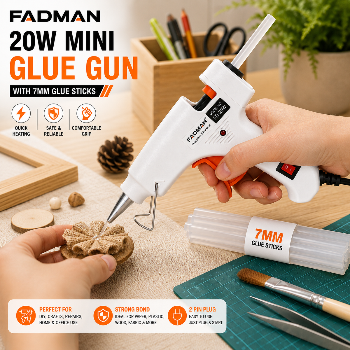 20W Hot Melt Glue Gun with 5 Pcs 7MM Glue Sticks | Mini Electric Adhesive Gun for DIY Crafts, Art, Repair & Home Projects (White)