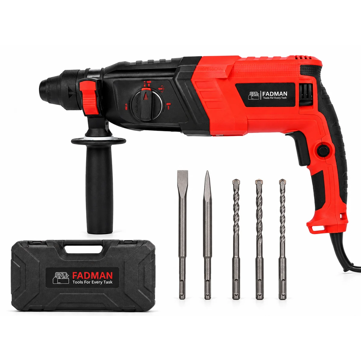 1200W 26mm Heavy Duty Rotary Hammer Drill Machine with SDS Plus Chuck, 3-in-1 Drilling, Hammering & Chiseling Modes, Auxiliary Handle, SDS Drill Bits & Chisels with Carry Case