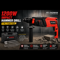 1200W 26mm Heavy Duty Rotary Hammer Drill Machine with SDS Plus Chuck, 3-in-1 Drilling, Hammering & Chiseling Modes, Auxiliary Handle, SDS Drill Bits & Chisels with Carry Case